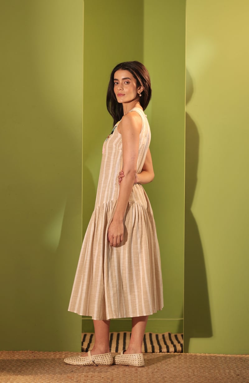 Beige Striped Cotton Midi Dress with Hummingbird Embellishment
