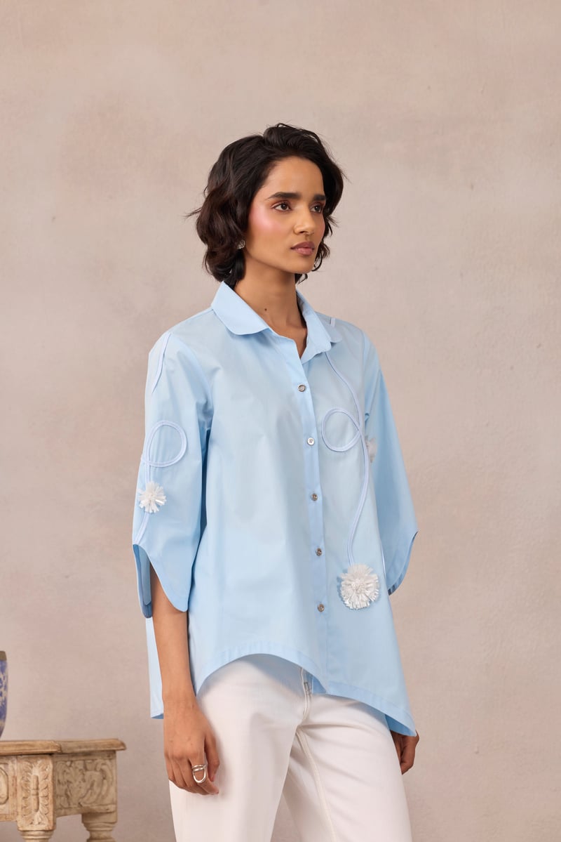 Frost Blue Applique Button-Down Shirt with Wave Hem