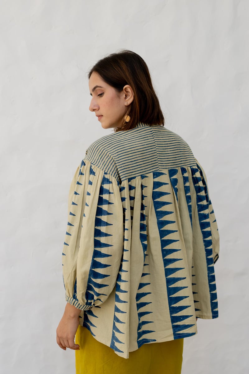 White and Indigo Block Print Cotton Button-Front Top