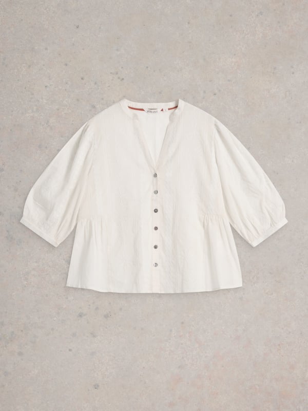 Natural White Embroidered Button-Front V-Neck Top