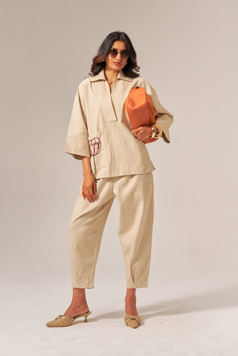 Beige Cotton Slub Shirt and Tapered Pants Co-ord Set — Spacelines