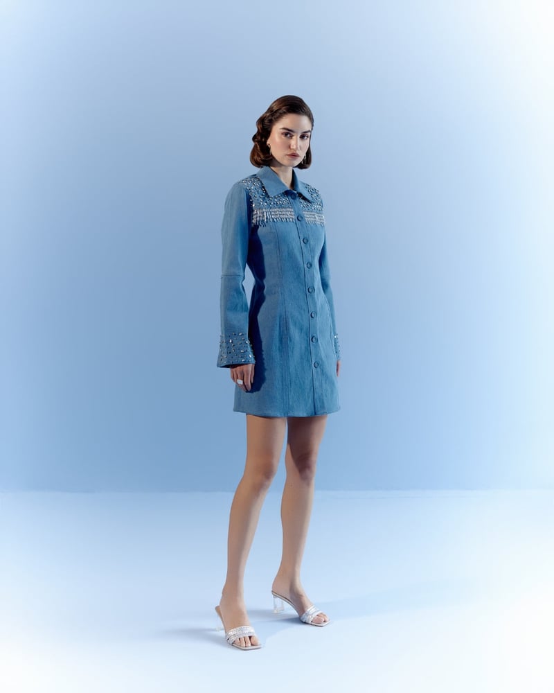 Blue Denim Mini Shirt Dress with Crystal Fringe Yoke