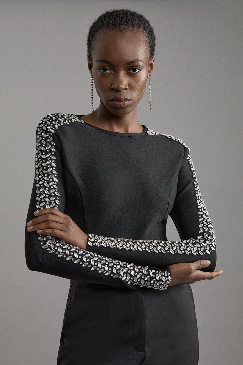 Black Bandage Knit Crystal-Embellished Sleeve Top — KAREN MILLEN