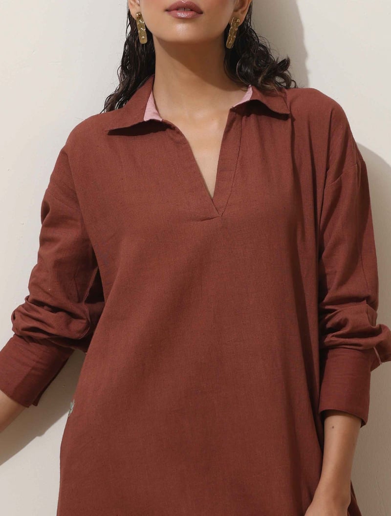 Brown Cotton Linen Straight Kurta Pant Set