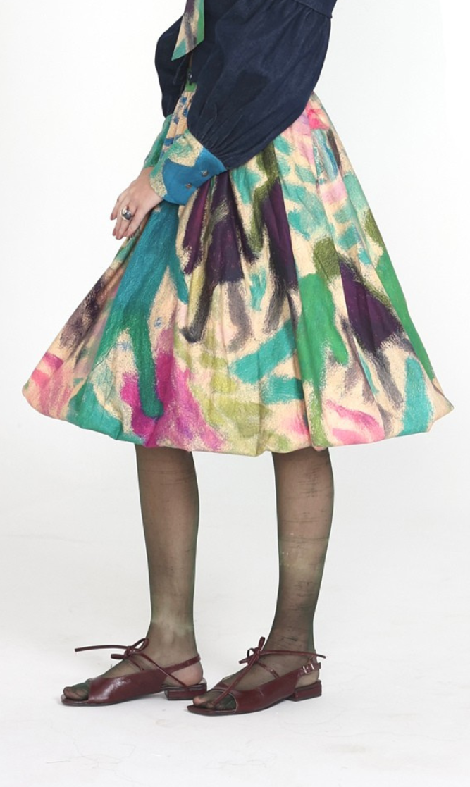 Multicolor Abstract Printed Bubble Midi Skirt