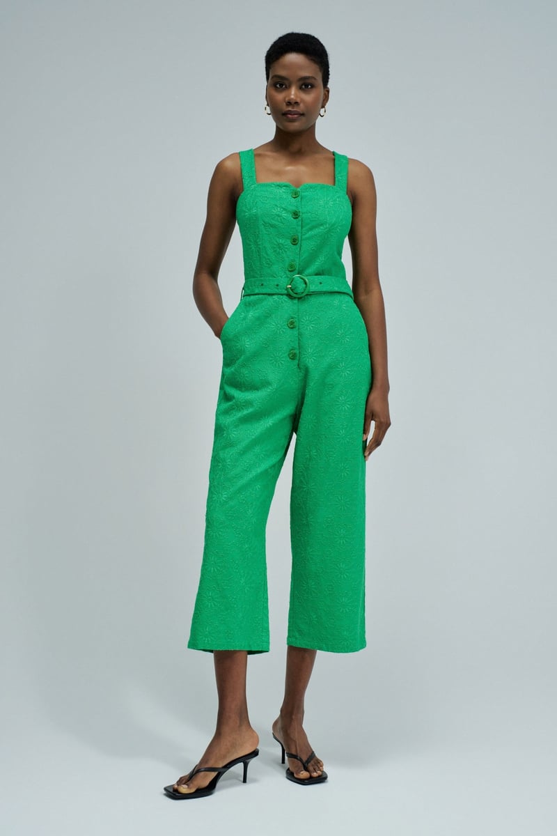 Medium Green Embroidered Belted Cropped Jumpsuit — SALSA JEANS