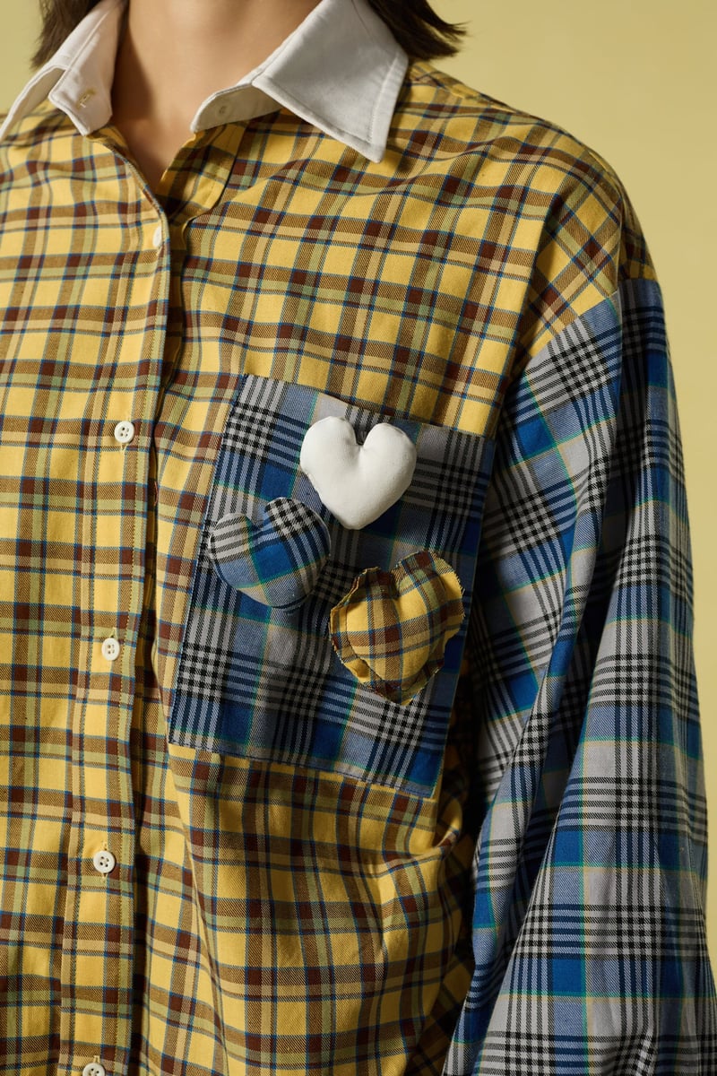 Yellow and Blue Mixed-Check Oversized Shirt