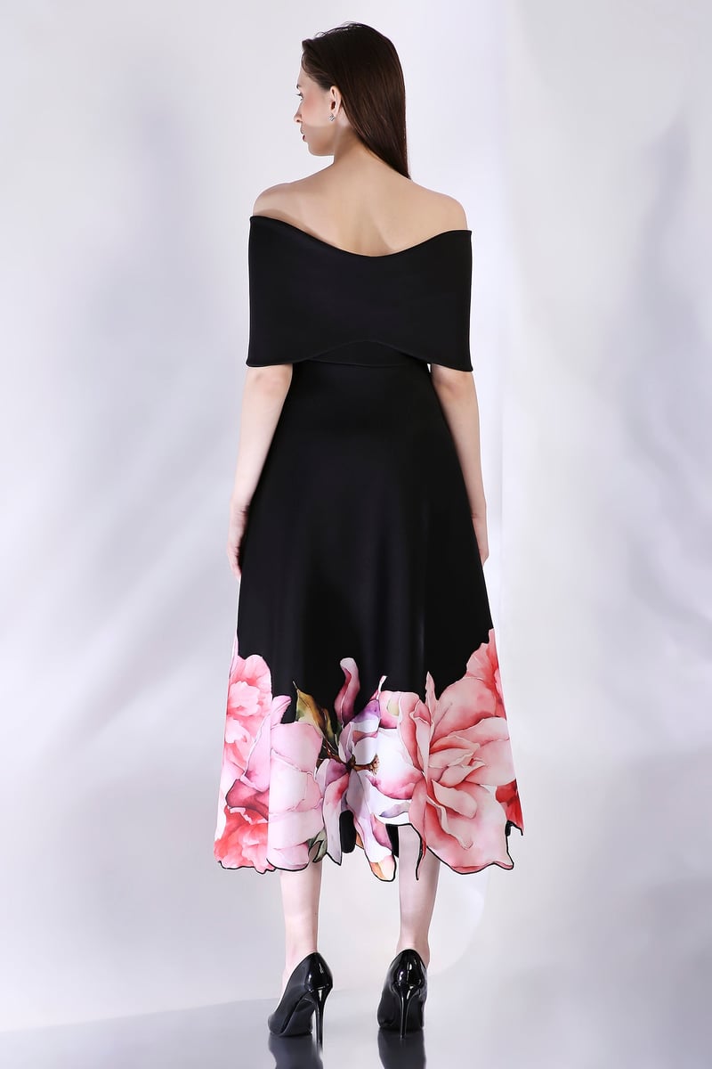 Black Off-Shoulder Bow Midi Dress with Floral Hem Print