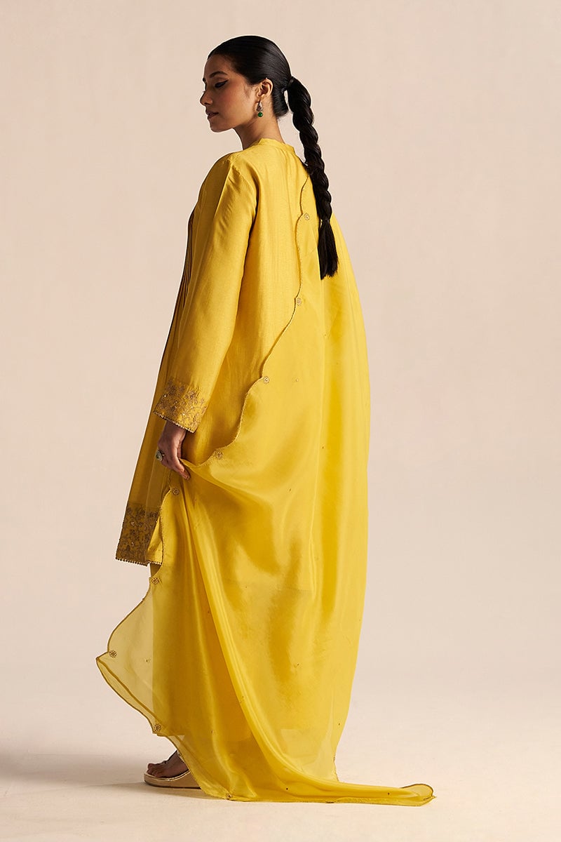 Bamboo Yellow A-Line Kurta Set with Zari Border