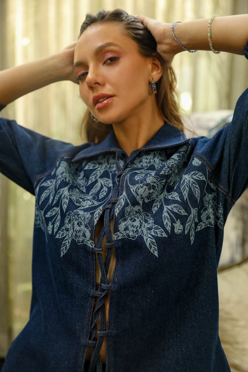 Dark Blue Denim Co-ord Set with Lace-Up Top and Wide-Leg Pants