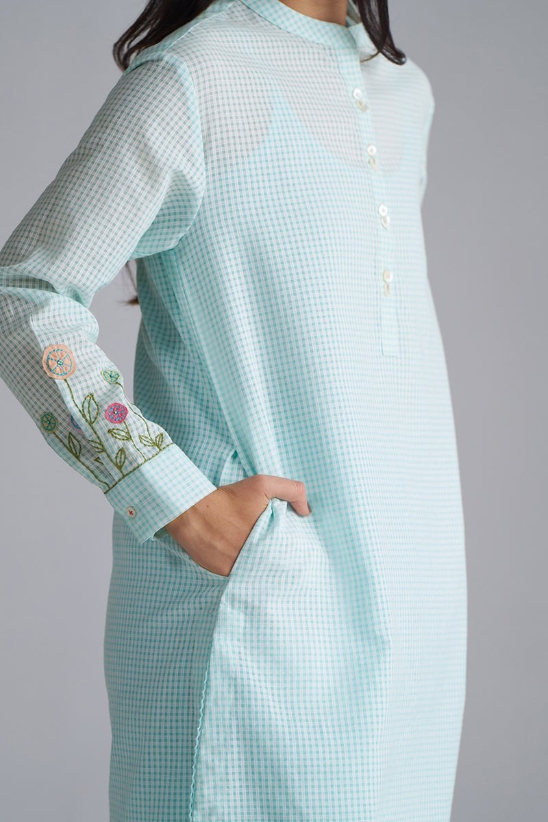 Eggshell Blue Mini-Check Cotton Co-ord Set with Slip