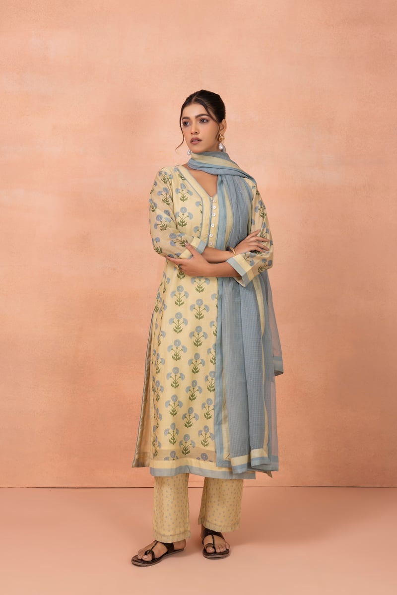 Yellow Floral Printed Straight Kurta Set with Dupatta