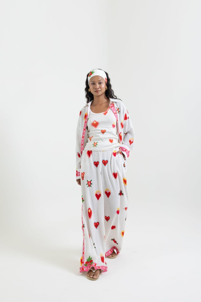 White Heart Print Straight-Leg Trousers with Contrast Hem