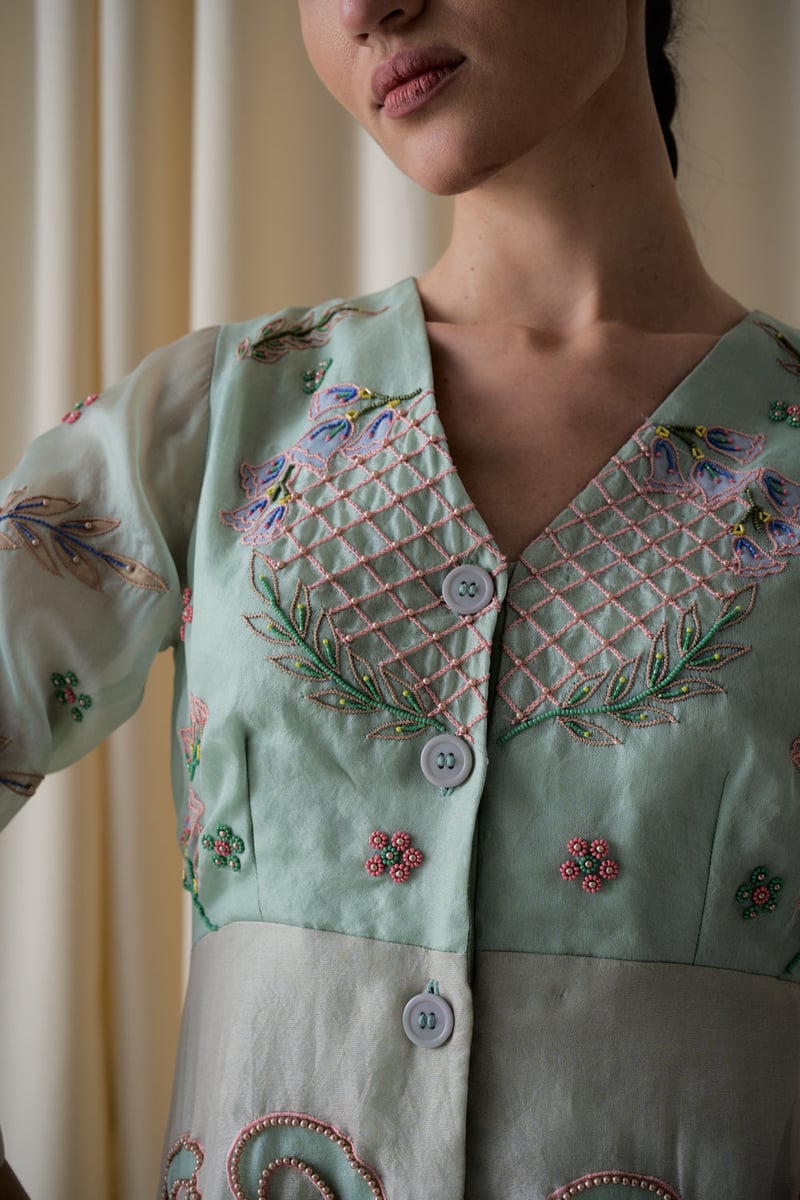Mint Green and Peach Embroidered Silk Organza Midi Dress
