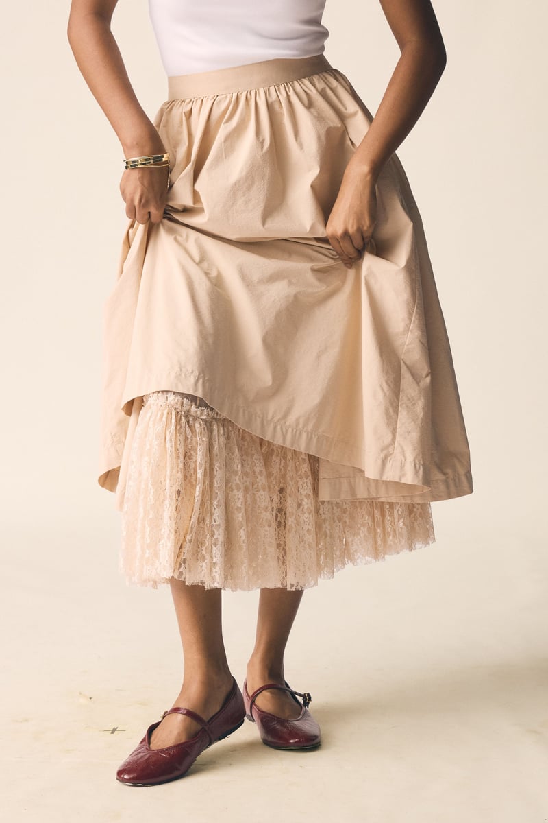 Beige Layered A-Line Midi Skirt with Lace Hem