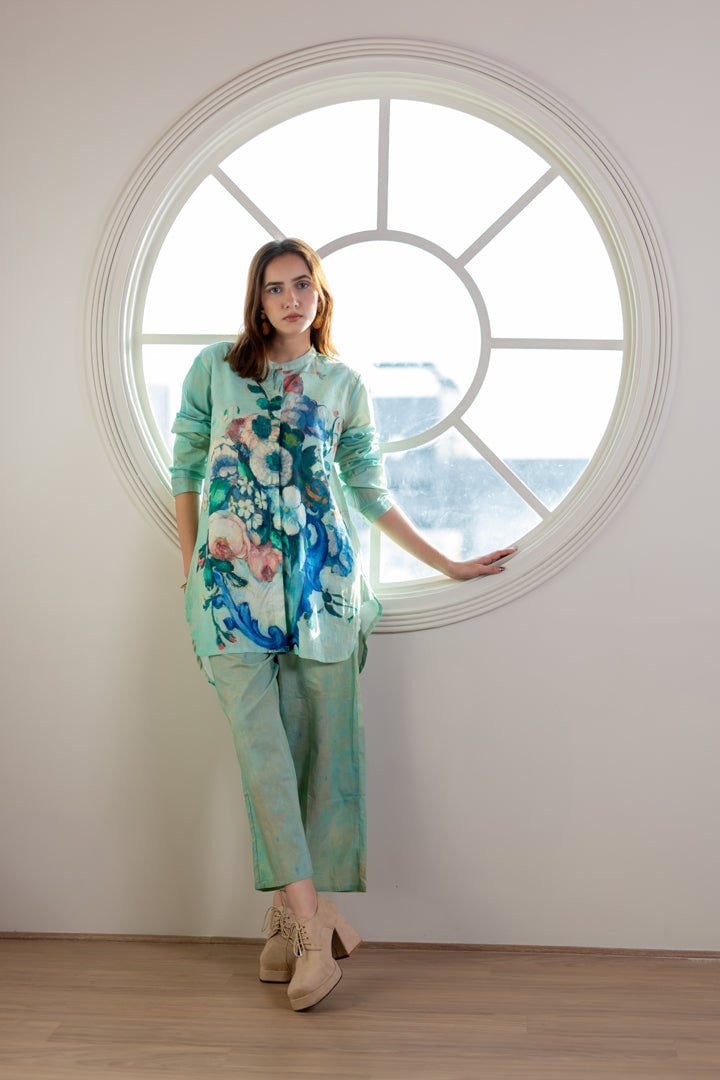 Aqua Green Printed Shirt and Pant Co-ord Set