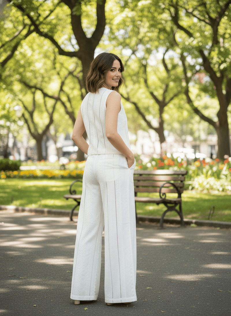 White Sleeveless V-Neck Tie-Up Co-ord Set with Wide-Leg Pants