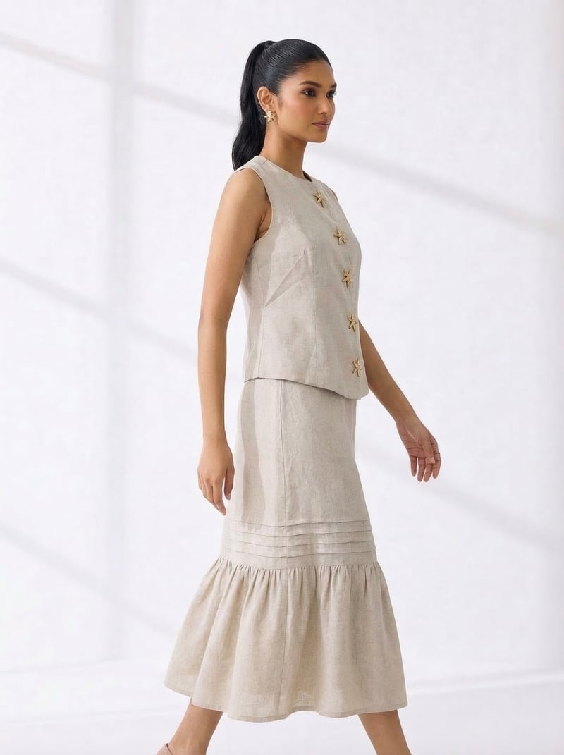 Natural Beige Button Vest and Maxi Skirt Co-ord Set