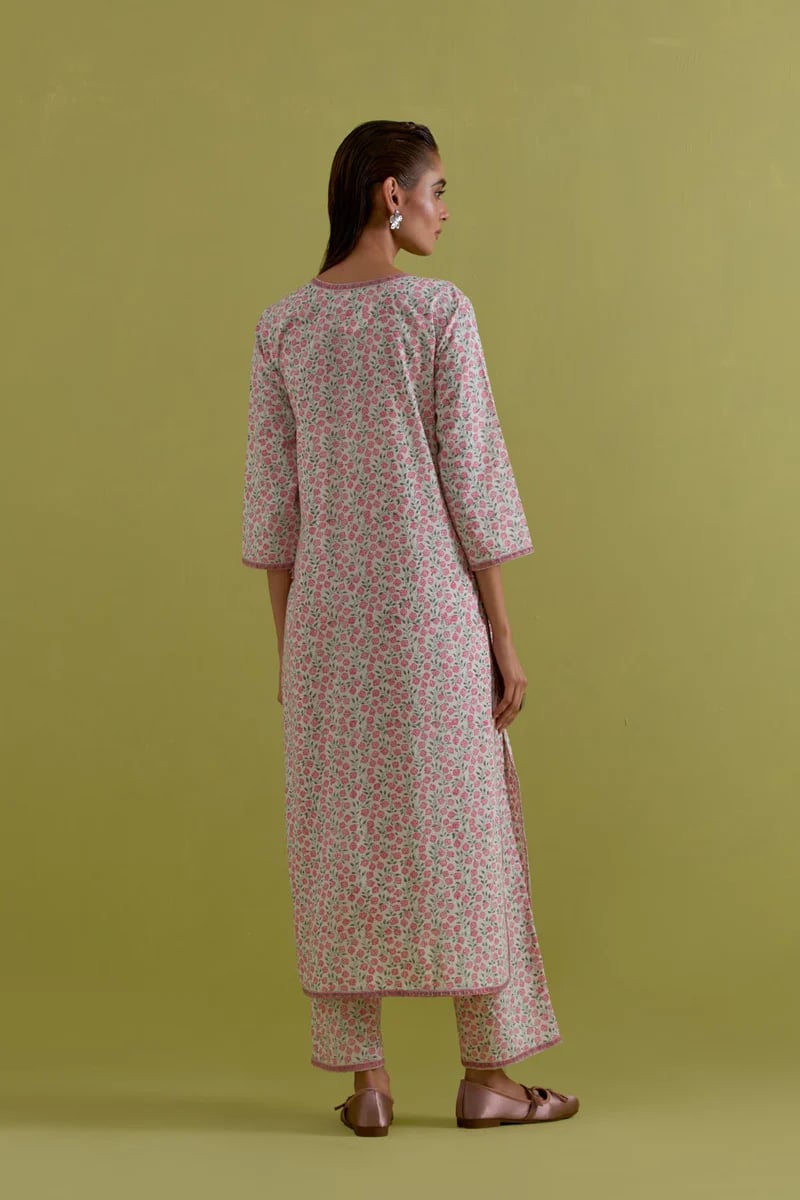 Off White Cotton Straight Long Kurta Set