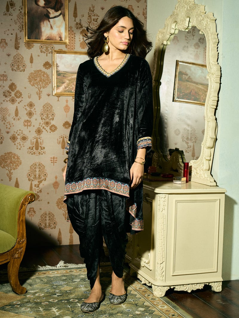 Black Velvet High-Low V-Neck Kurta Set with Dhoti Bottom