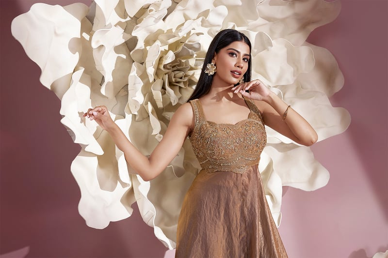 Champagne Gold Shimmer Kurta Set with Embroidered Bodice
