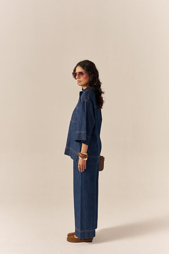 Blue Denim Shirt and Flared Pants Co-ord Set