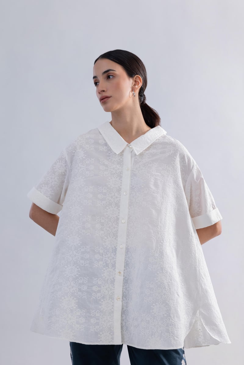 White Cotton Schiffli Anti-Fit Button-Down Shirt — Pooja Aggarwal