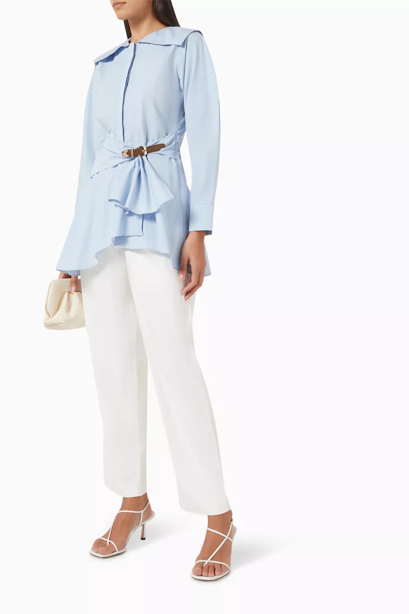 Sky Blue Cotton Poplin Belted Longline Shirt