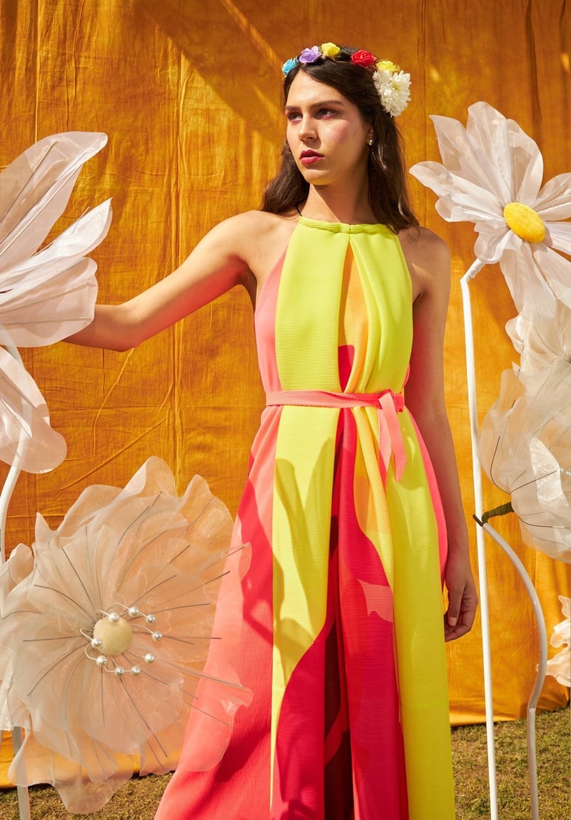 Fluorescent Halter Neck Colorblock Pleated Maxi Dress