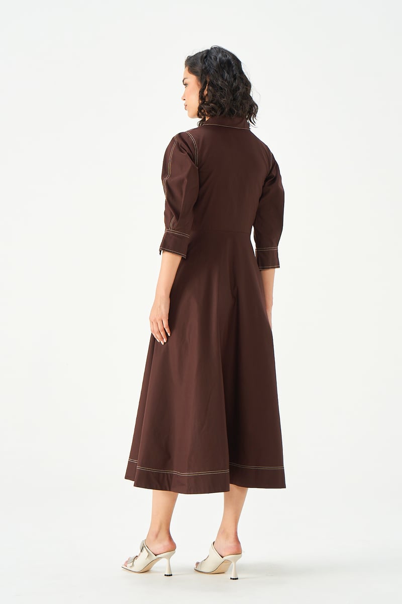 Brown Cotton Fit and Flare Midi Dress with Buckle Detail