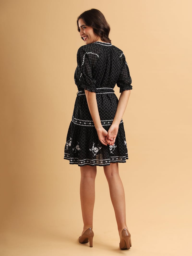 Black Embroidered Tiered Mini Dress with Waist Tie