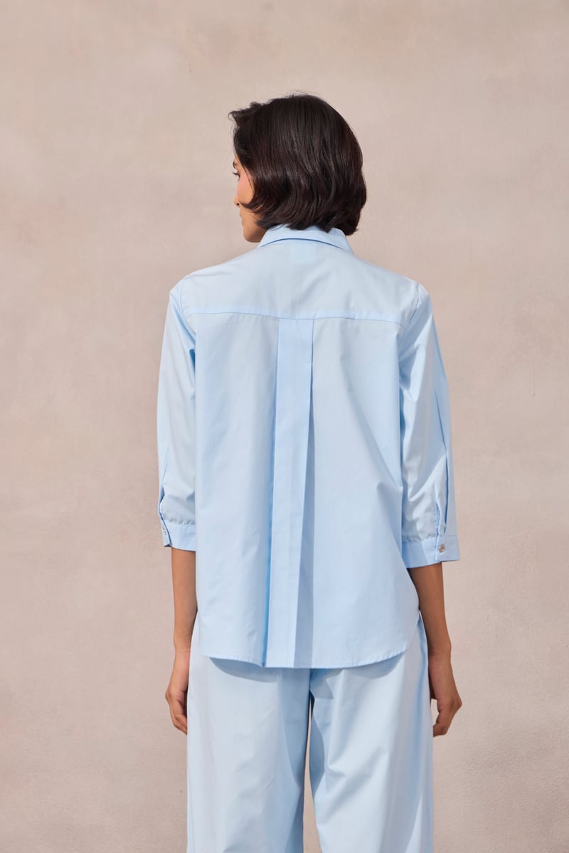 Frost Blue Cotton Poplin Shirt with Contrast Lace Inlay