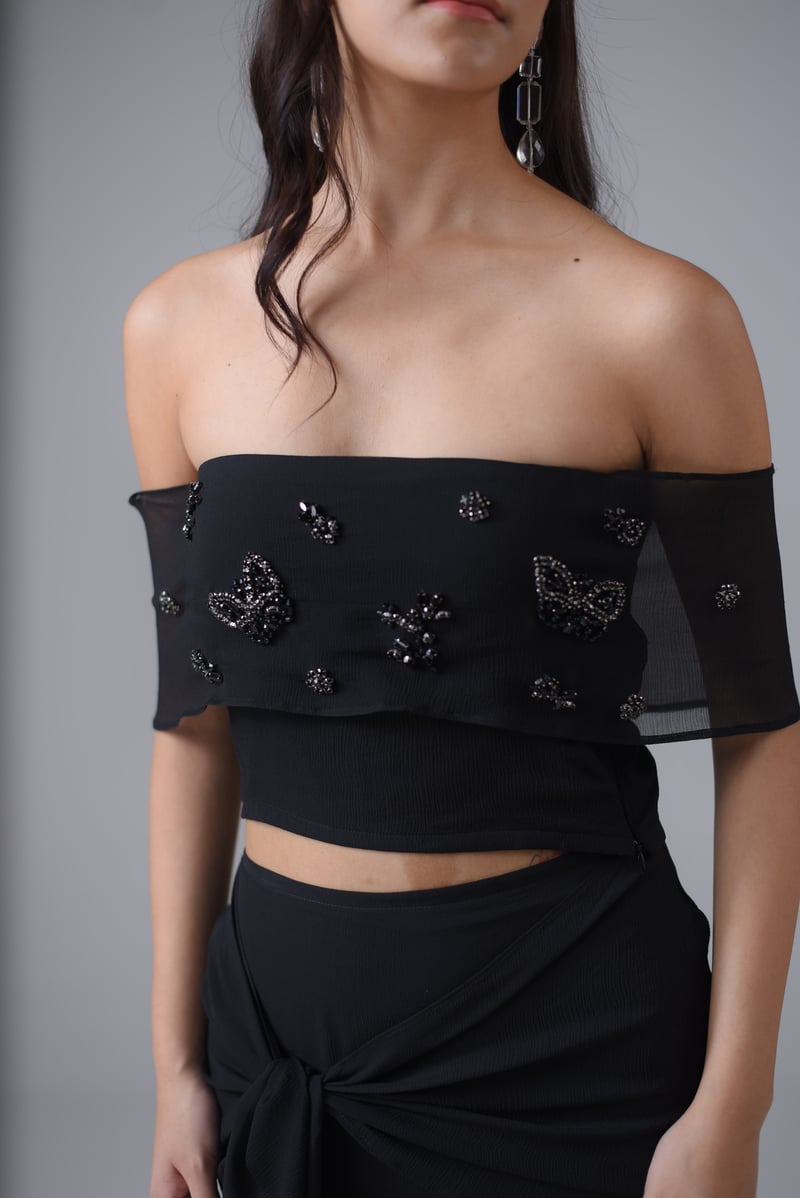 Black Silk Chiffon Embellished Off-Shoulder Crop Top