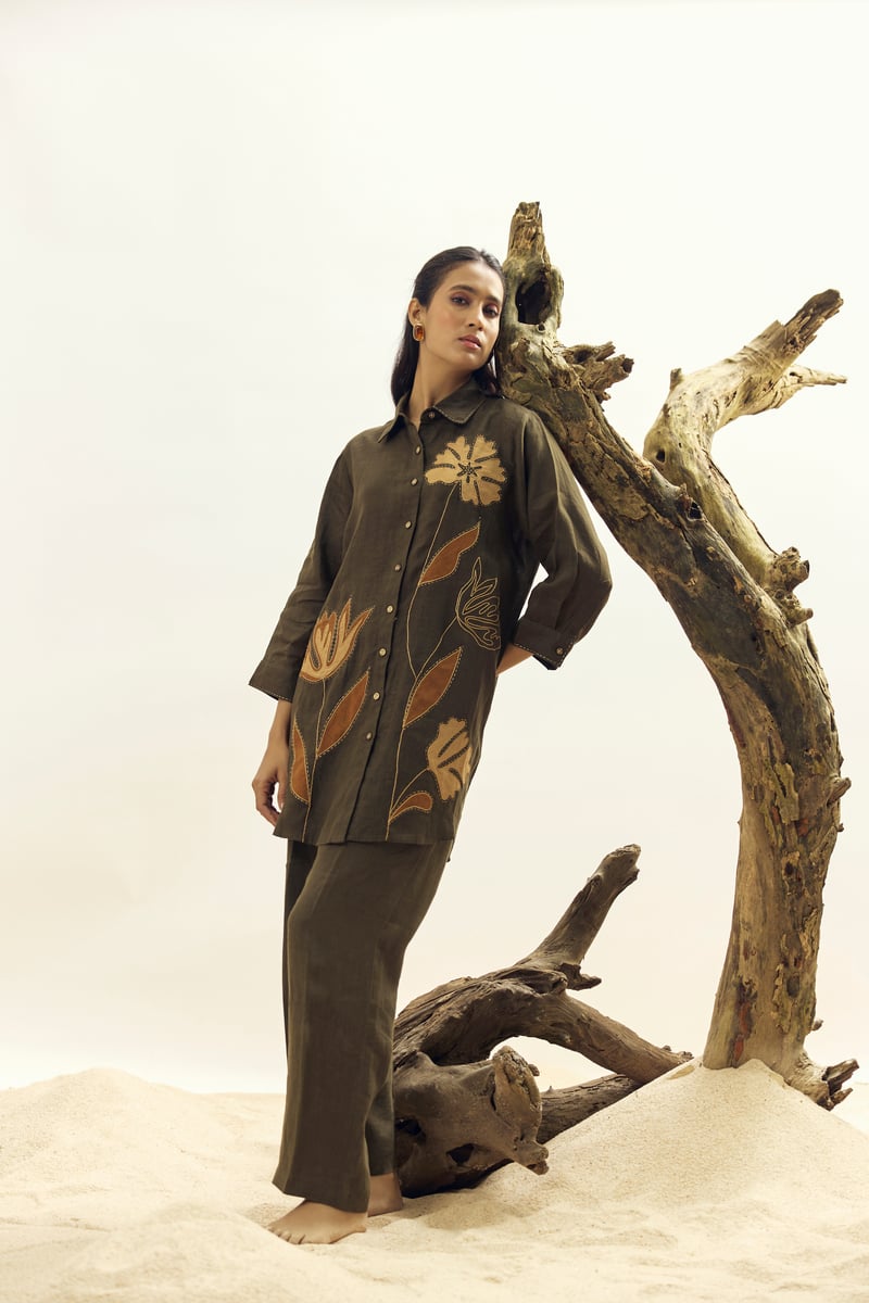 Olive Linen Longline Shirt with Botanical Applique