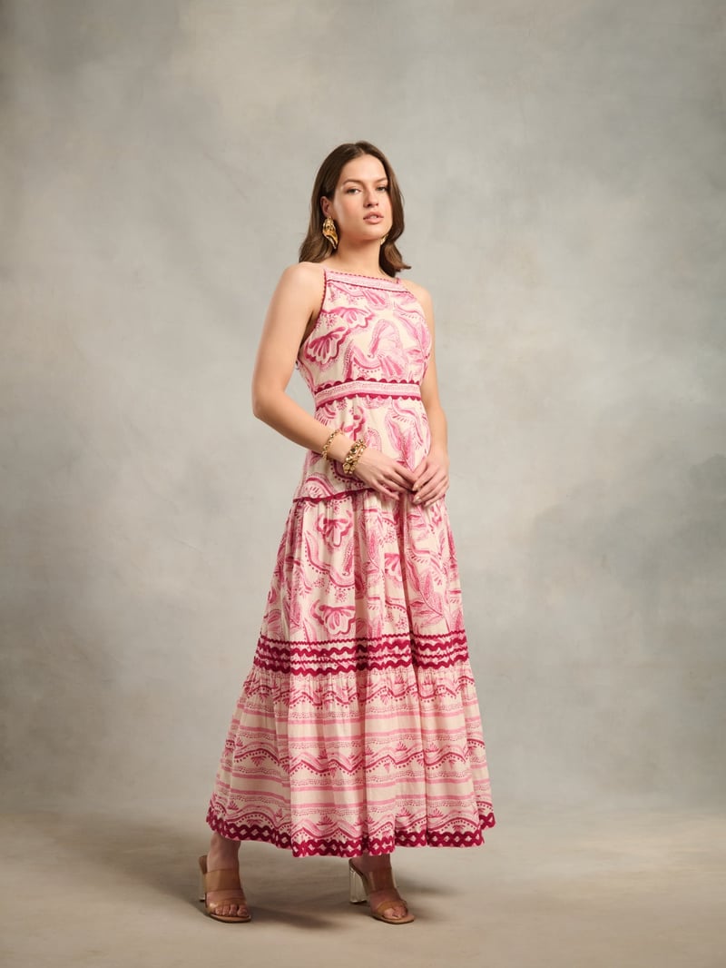 Pink Printed Halter Neck Tiered Maxi Dress