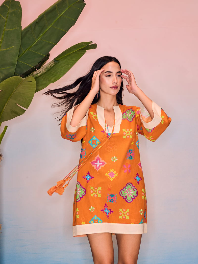 Orange Linen Printed Mini Kaftan Dress with Tie-Up Neck