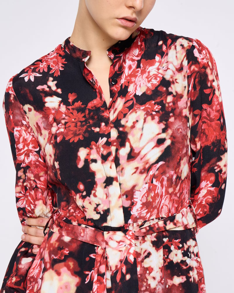 Red Floral Printed Belted Midi Shirt Dress