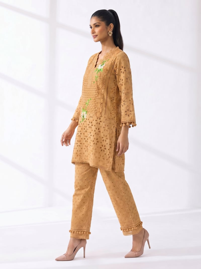 Orange Cotton Cutwork Kurta Set with Floral Embroidery