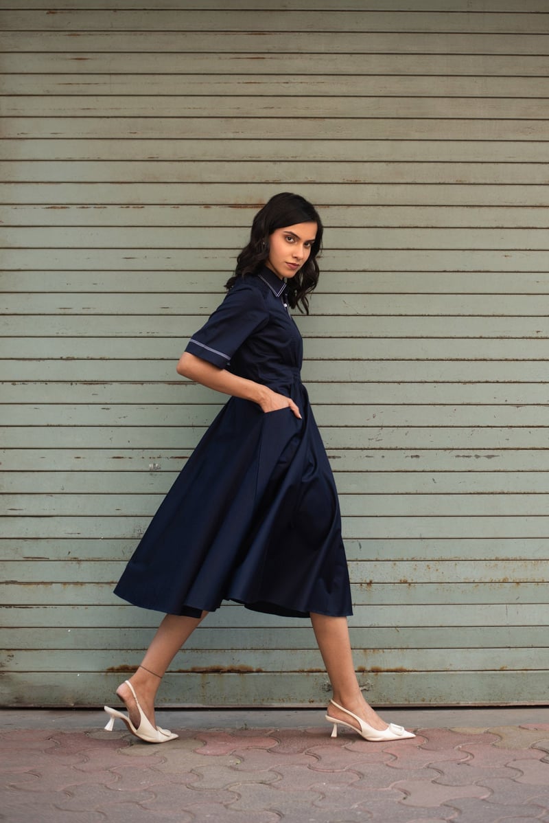 Navy Blue Cotton Satin Ruched Waist A-Line Midi Dress
