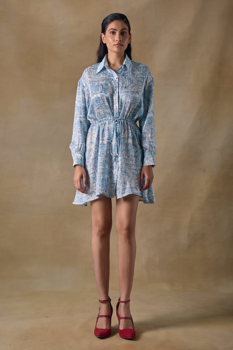 Blue Landscape Printed Mini Shirt Dress with Drawstring Waist — Pocketful Of Cherrie