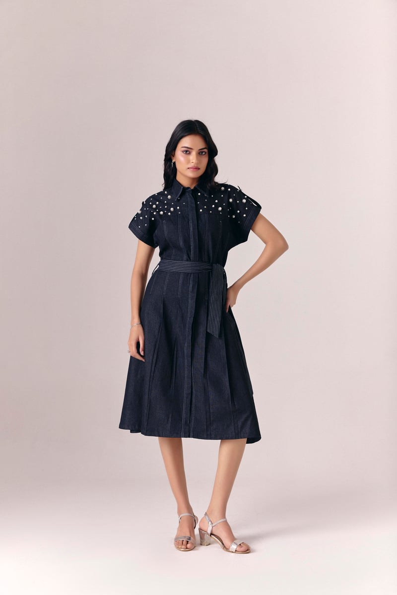 Black Denim Fit and Flare Midi Dress with Pearl Detail — Savaaya