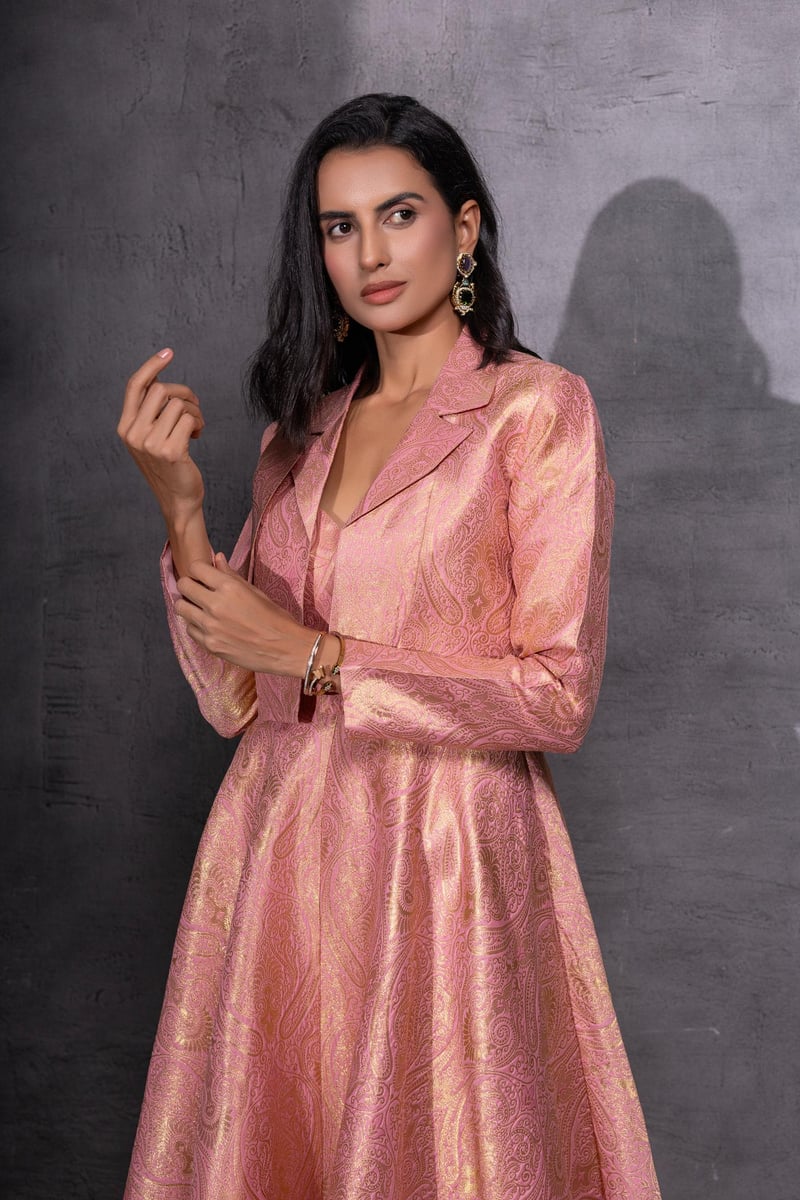 Pink Brocade Fit and Flare Midi Dress Set with Jacket