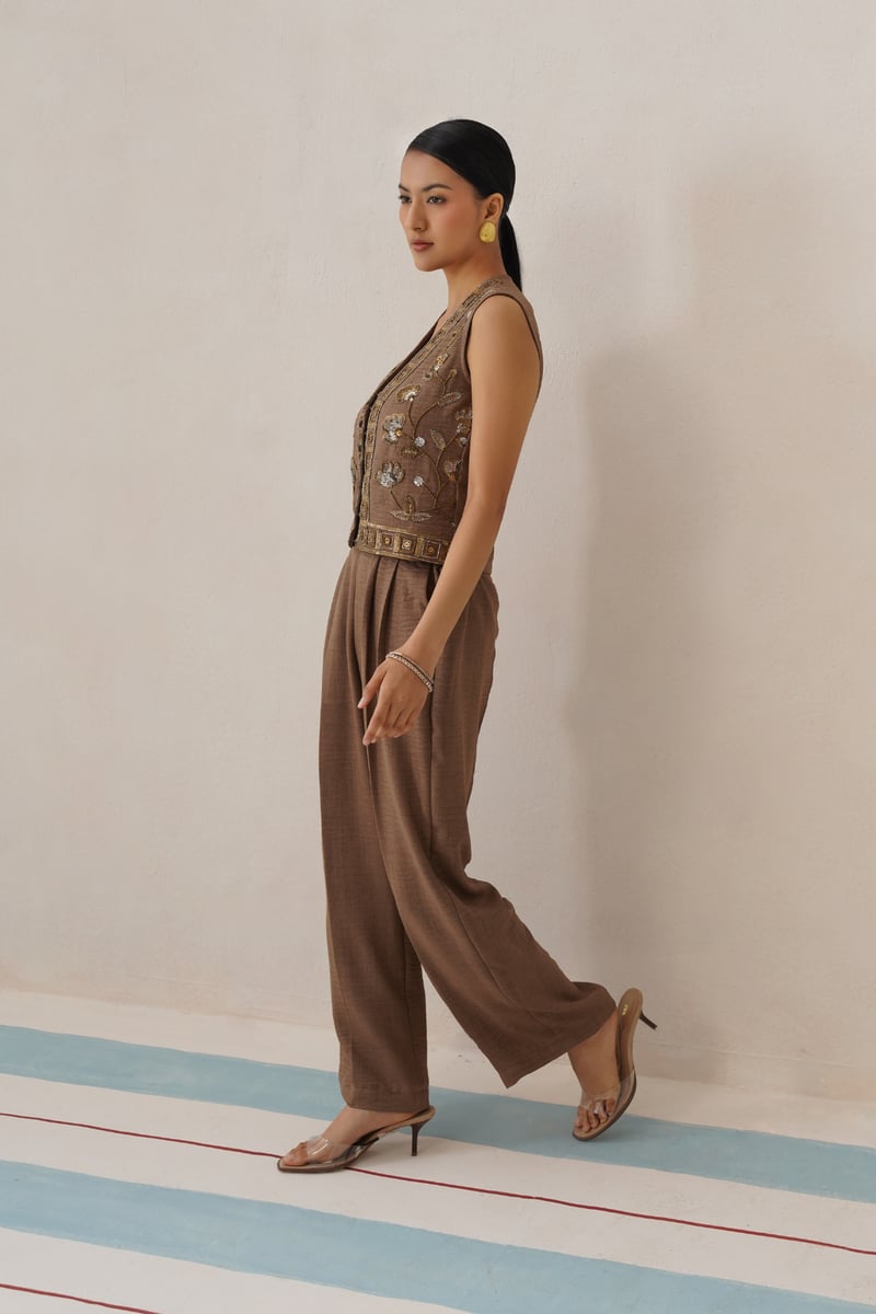 Siena Brown Embroidered Vest and Wide-Leg Co-ord Set