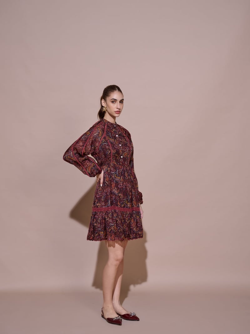 Wine Floral Printed Tiered Knee-Length Dress