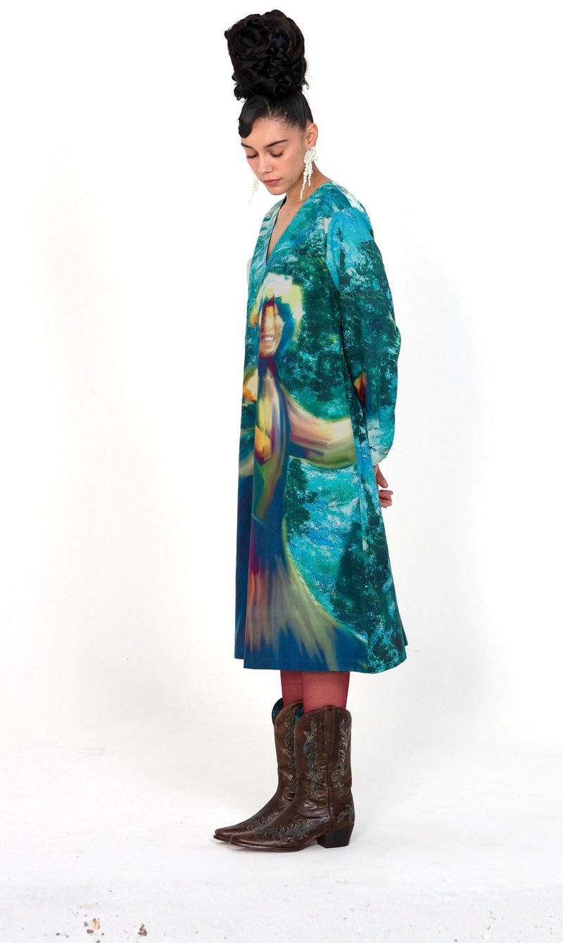 Multicolor Graphic Print Cotton Satin A-Line Midi Dress