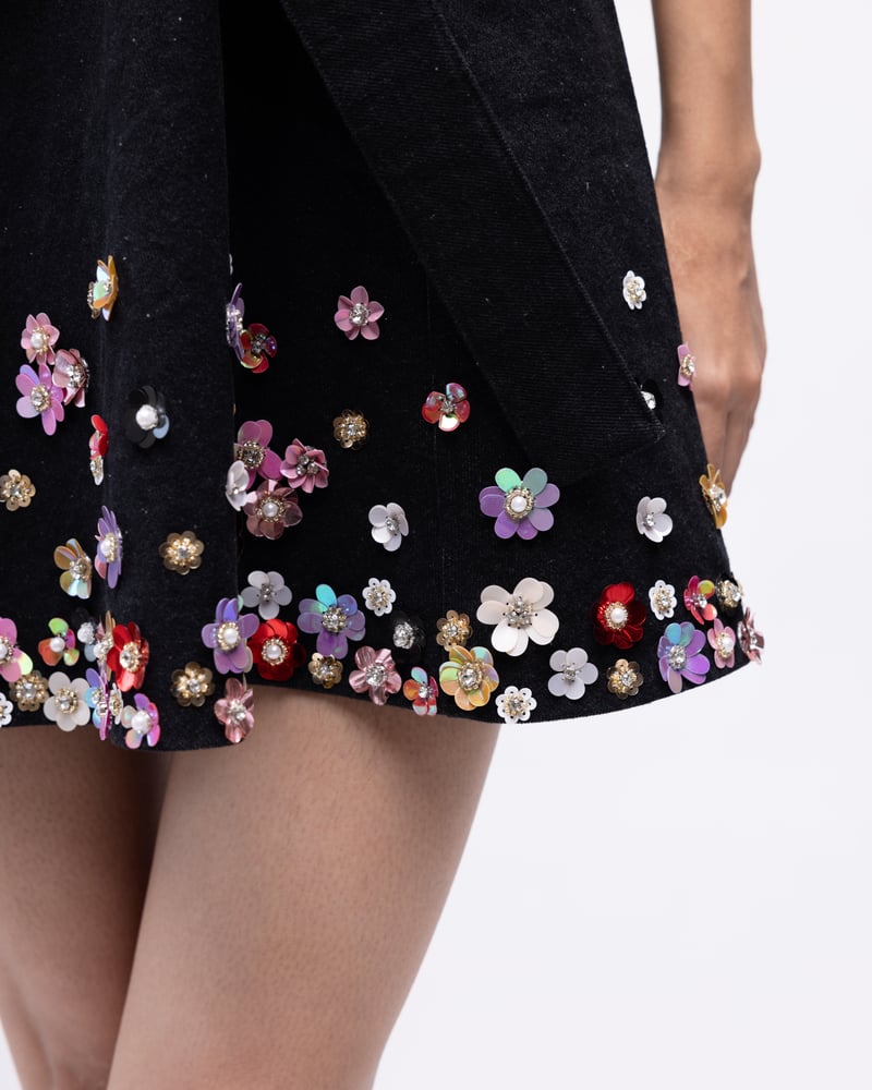 Black Denim Halter Mini Dress with Embellished Hem