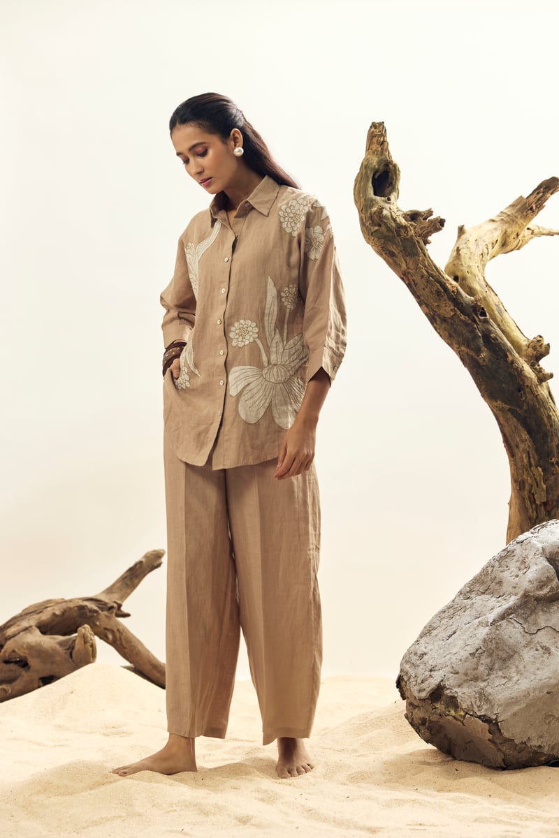 Khaki Linen Wide-Leg Trousers