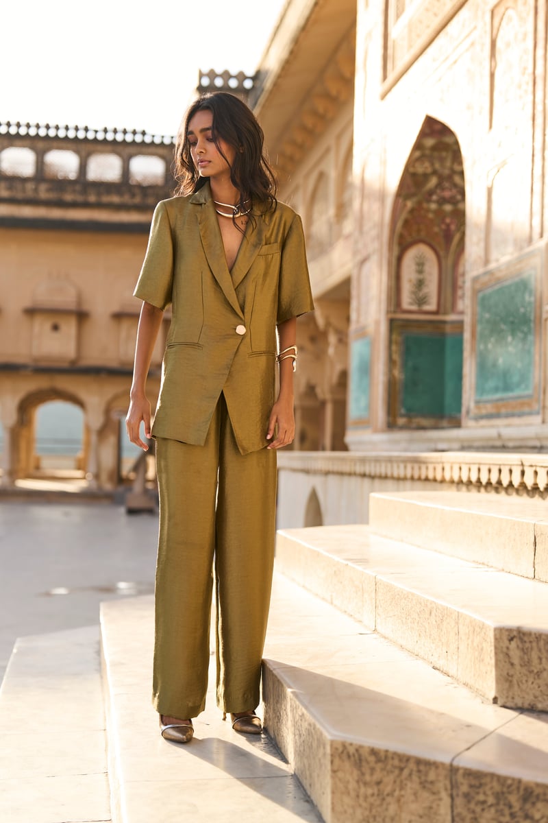 Olive Metallic Lamé Twill Straight-Leg Trousers