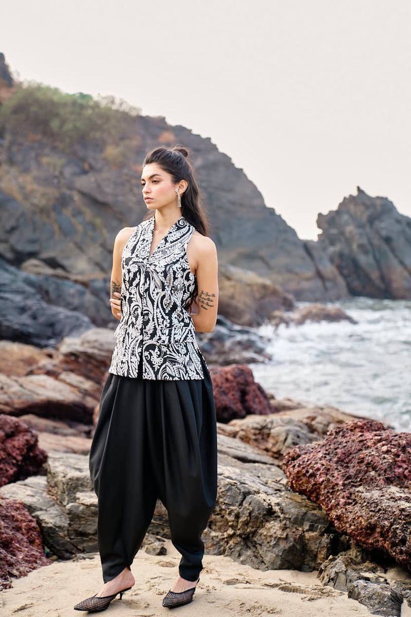 Black Dhoti-Inspired Cowl Drape Trousers
