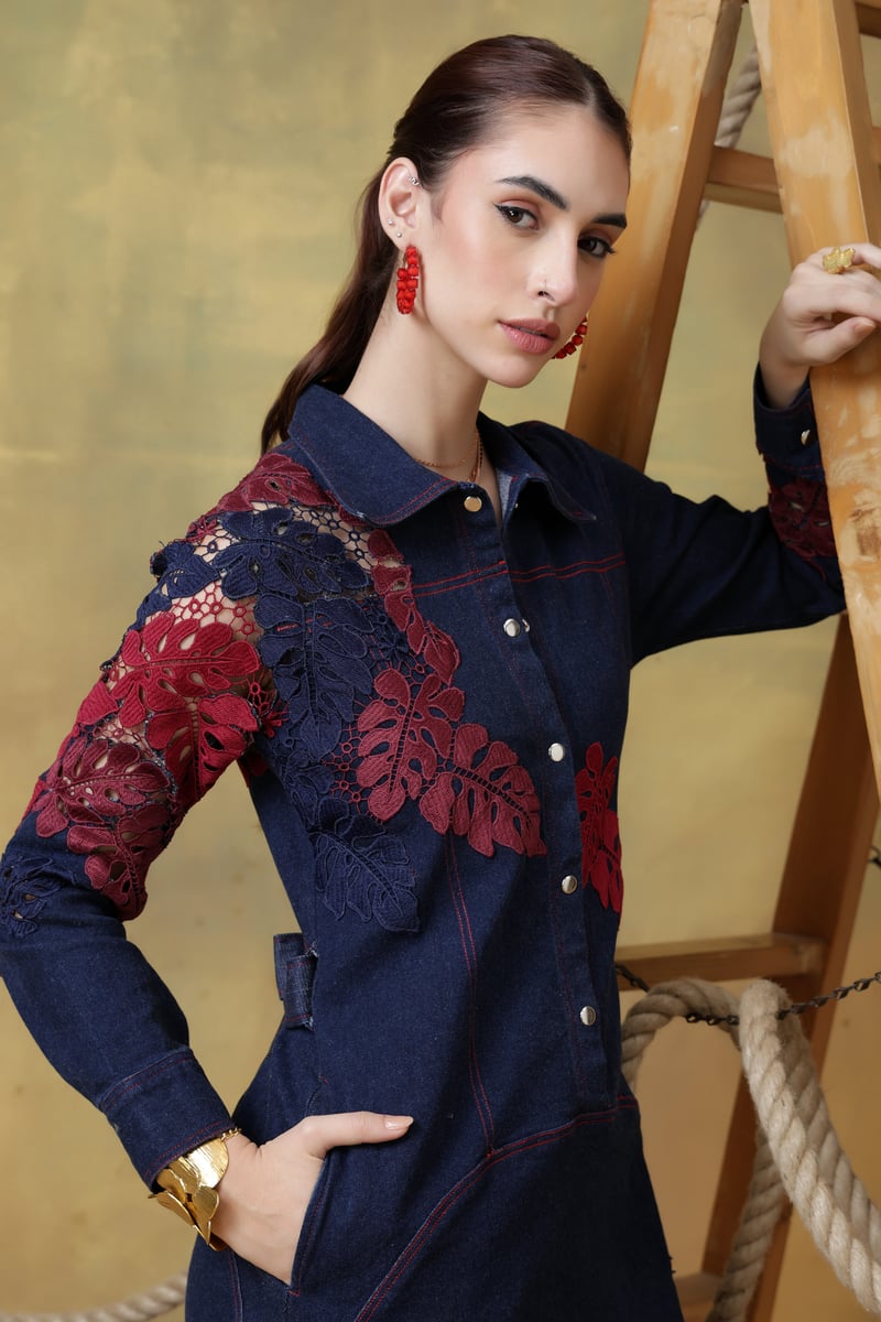 Dark Denim Belted Shirt Dress with Lace Panels